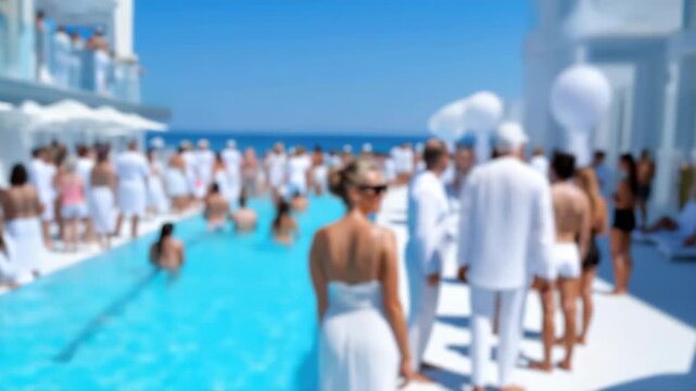 Blurred poolside celebration with whiteclad crowd under sunny skies