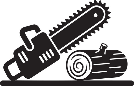 Black and white chainsaw cutting through log tool