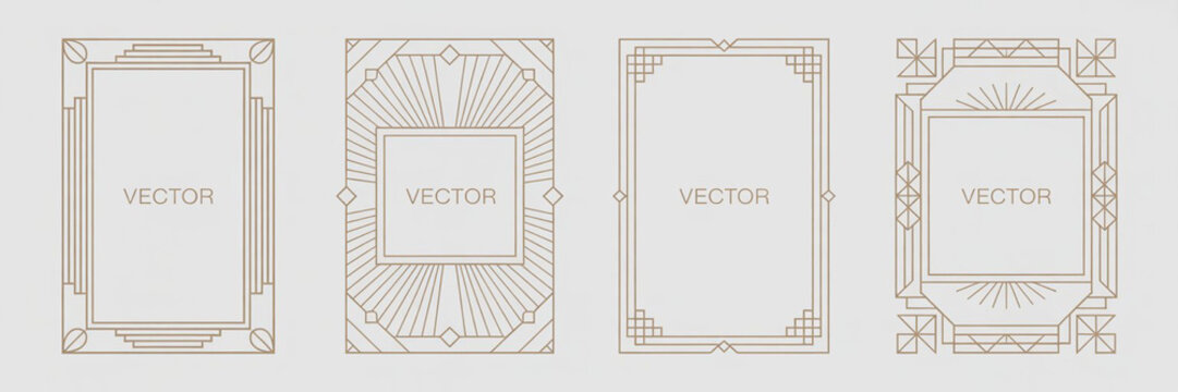 Set of Art Deco Frames and Borders in Trendy Minimalist Outline Style on White Background, Geometric Vintage Pattern, Vector Illustration
