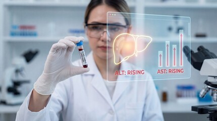 A scientist conducts medical research on the liver with focus. The image of the scientist, her lab coat, and the displayed liver medical data suggests the world of medical technology.
