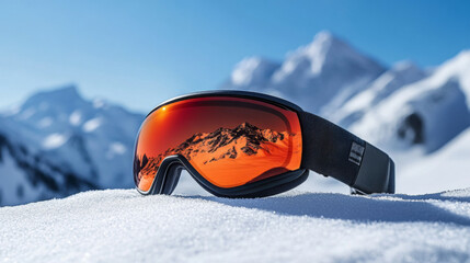 Ski Goggles Reflecting Snowy Mountain Landscape