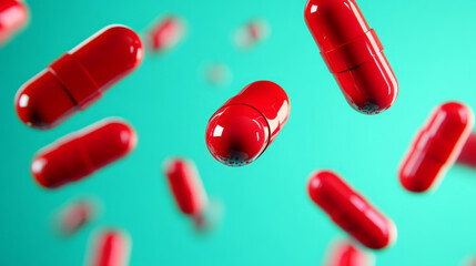 Floating Red Capsules on Turquoise Background