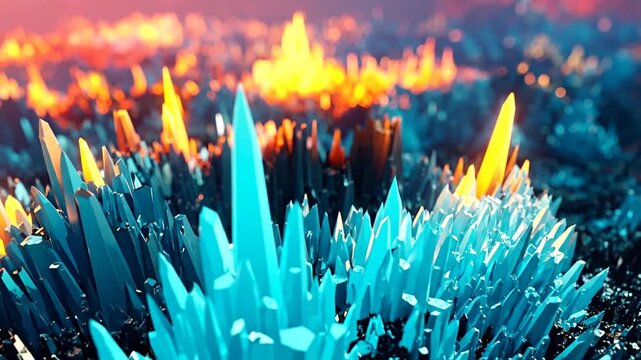 A low-poly digital artwork of sharp, turquoise and yellow structures with a blurred warm-toned background