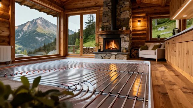 Medium shot showing thermal floor technology in a mountain cabin seamlessly regulating indoor temperature to enhance ecofriendly living