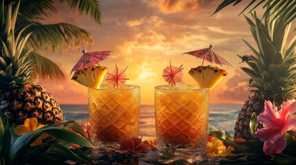Tropical Pineapple Cocktails at Sunset on Beachside Table