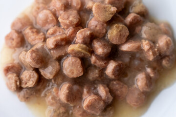 Heap of wet pet food on a white background.