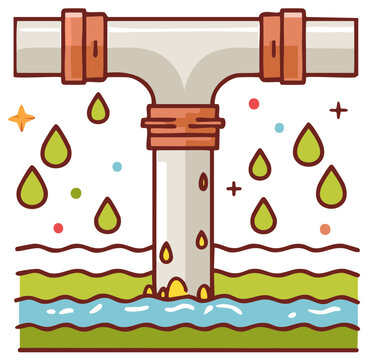 Polluted water flowing from leaky pipe into river environment