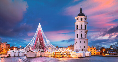 Fototapeta premium Vilnius, Lithuania. Christmas Tree On Background Bell Tower Belfry Of Vilnius Cathedral At Cathedral Square In Evening New Year Christmas Xmas Illuminations. Unesco World Heritage Site. Altered Sky