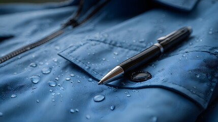 Naklejka premium A blue waterproof jacket covered in water droplets with a black pen resting on a pocket