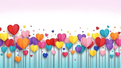 Colorful heart balloons on sticks against white and blue background