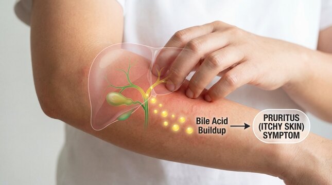 An illustrative depiction of skin affected by pruritus, caused by bile acid buildup, highlighting the relationship between internal health and external symptoms.