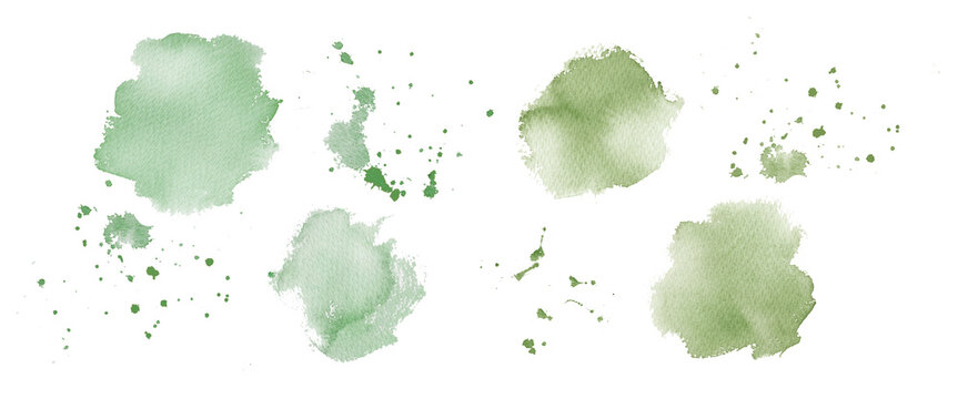 Watercolor green ink splashes and drops set on nuance background, abstract ink art elements for design-300dpi-	