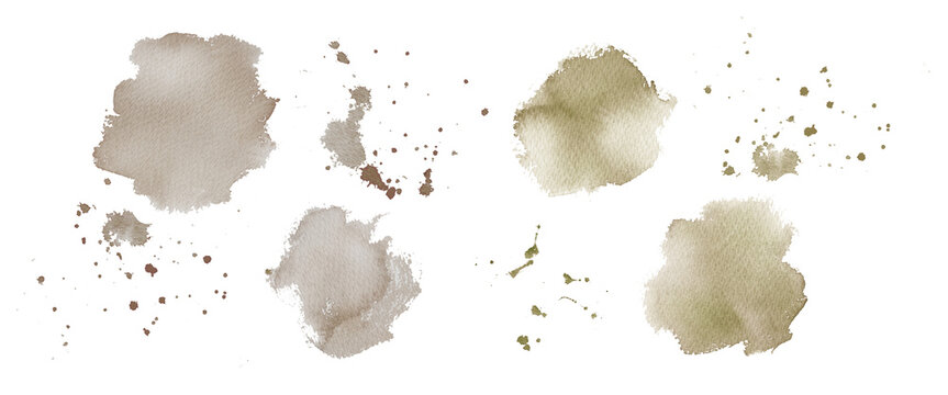 Watercolor brown ink splashes and drops set on nuance background, abstract ink art elements for design-300dpi-	