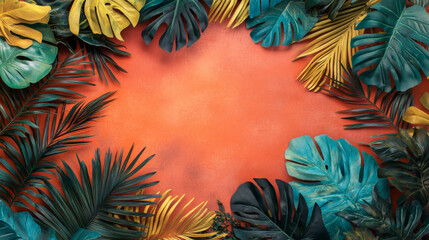 Colorful Tropical Leaves on Coral Background