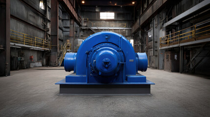 Fototapeta premium Industrial Machinery in a Spacious Warehouse with Balanced Daylight Illuminating Blue Equipment and Surrounding Structures