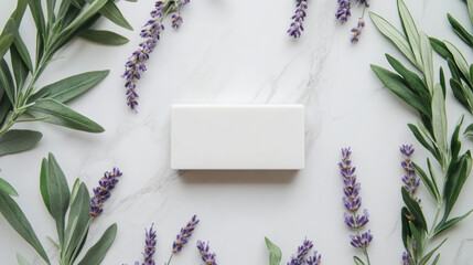 Minimal Soap Bar with Lavender and Olive Leaves on Marble