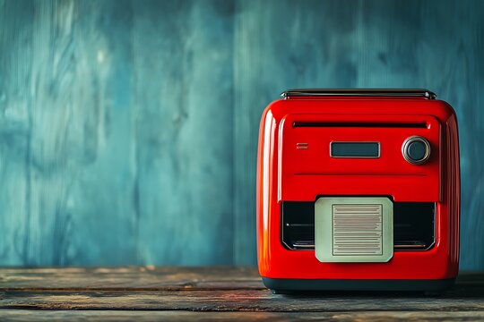 A funny vintage red toaster pops out a floppy disk, creating a quirky, nostalgic image that sparks playful imagination.