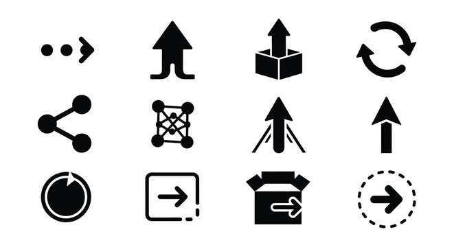 Collection of various black arrow and connection point icons on a white background