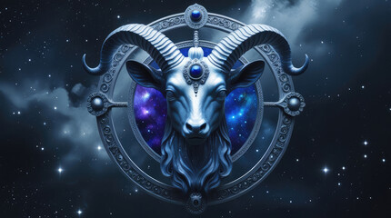 Blue ram head illustration Capricorn zodiac symbol with cosmic background featuring stars and galaxies, adorned with a gemstone, representing astrological themes and zodiac symbolism