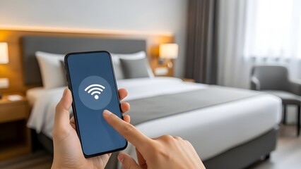 Person connecting to hotel Wi-Fi using smartphone in a modern luxury bedroom