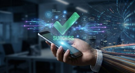 Hand holding phone with success hologram projection