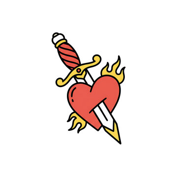 Traditional dagger heart tattoo flash art