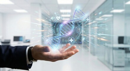 Businessman hand with medical dna helix in office