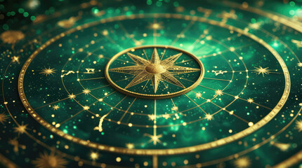 Intricate golden compass design on a dark green celestial background featuring constellations and stars, ideal for astrology-themed projects or decorative purposes