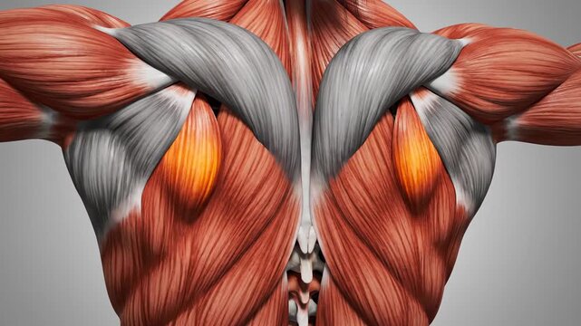Anatomical illustration of human muscles depicting back and shoulder structure