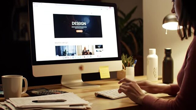 A Designer's Quiet Desktop Workspace With Computer Monitor, Sticky Notes, and Bottles