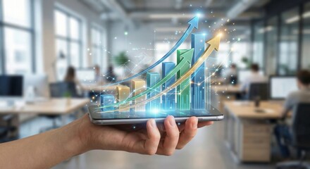 Hand holding phone with financial growth hologram