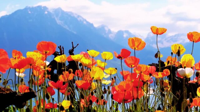 Colorful poppies in bloom on the embankment of Montreux with Alpine mountains and Lake Geneva in Switzerland, vibrant flowers, serene lakeside landscape, cinematic natural scenery