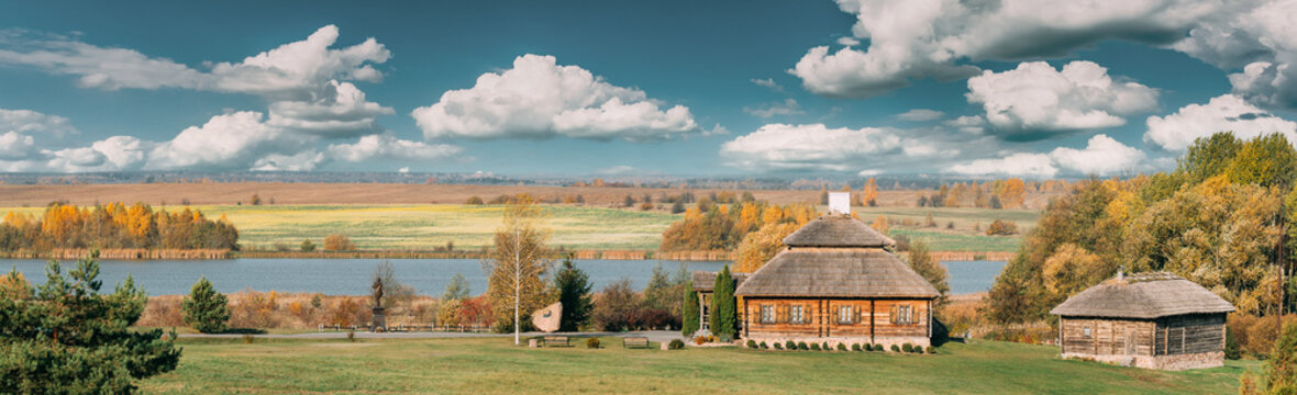 Kosava, Belarus. Memorial Museum-estate Of Tadeusz Kosciuszko. Famous Popular Historic Landmark House Of Andrew Thaddeus Bonaventure Kosciuszko. Panorama, Panoramic View