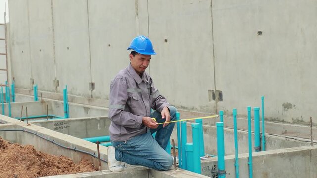 Yellow tape measure construction tools deviation. Tools equipment building and engineering. Civil engineer japanese Asian man in safety hard hat helmet inspect working at construction site