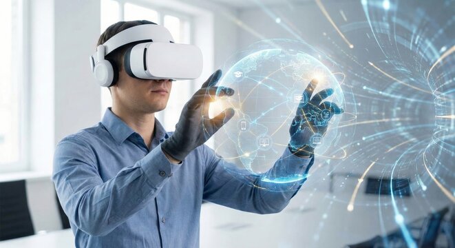 Man wearing vr headset interacting with holographic globe - Powered by Adobe