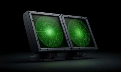 Two monitors with green radar displays showing scanning information system.