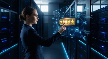 Businesswoman interacting with holographic five star rating network