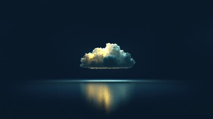 A solitary cloud floating in a dark, starry sky with a hint of light shining through its fluffy white form.