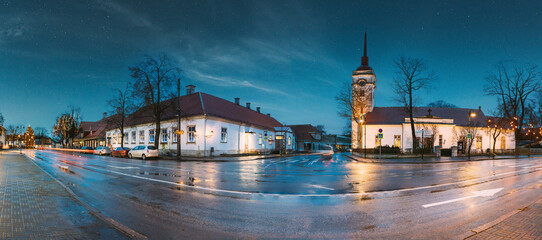 Kuressaare, Estonia. Kuressaare St. Lawrence Church In Blue Hour Evening Night. Street