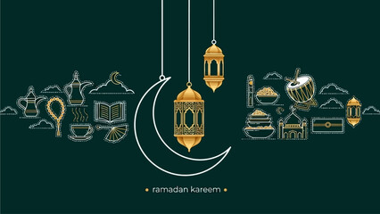 Naklejka premium Celebrating Ramadan with golden lanterns and crescent moon in a serene night sky scene, viewed from above.