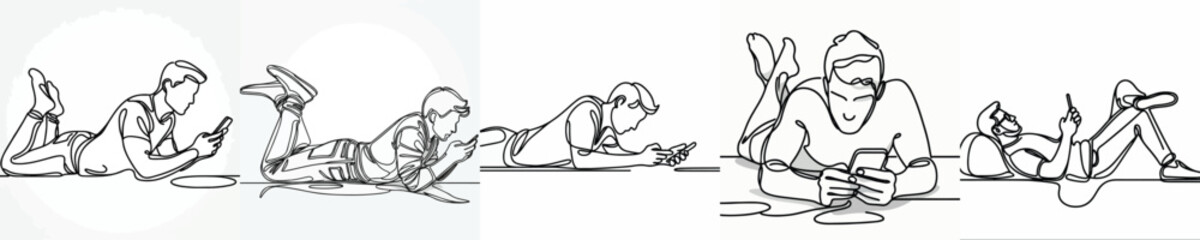 line art of a man lying on the floor with a phone © Andi