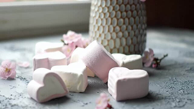 A serene still life of pastel pink and white confection squares beside a honeycomb-patterned vase