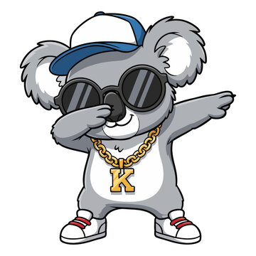 A playful animated Koala doing the dab motion, wearing trendy sunglasses, a cap, and a golden chain.