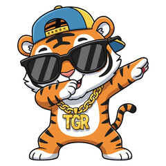 A charming cartoon Tiger striking a dabbing pose, dressed in cool sunglasses, headwear, and a gold chain necklace.