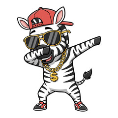 A delightful cartoon-style Zebra doing the dab, decked out in sunglasses, a hat, and gold jewelry around its neck.