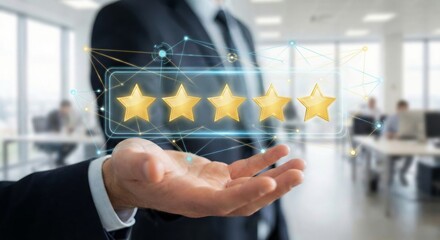 Businessman hand reaching out with floating golden stars