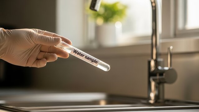 Woman with gloved hand holding a test tube labeled water sample in home kitchen for water quality testing.