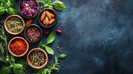 A vibrant display of fresh herbs and spices on a dark, textured surface.