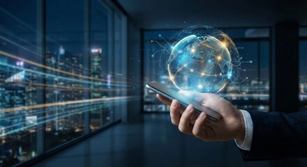Man holding smartphone with holographic globe projection