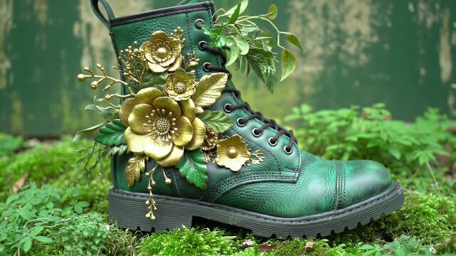 A vibrant forest-green combat boot adorned with large golden metallic flowers and intertwining vines in a woodland setting